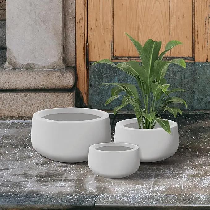 Kante 19.6",15.7",11.8" Dia Round Concrete Planters Set of 3, Outdoor Indoor Garden Plant Pots with Drainage Hole and Rubber Plug, Modern Curvaceous Design, Pure White by GreenHaven Gardens