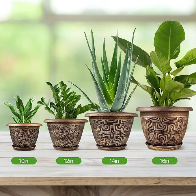 14 Inch Large Planter Pot for Plants Indoor Outdoor, 4 Pack Plastic Flower Pots with Drainage Hole & Tray, Modern Decorative Garden Pot with Saucer, Plant Container for House by GreenHaven Gardens
