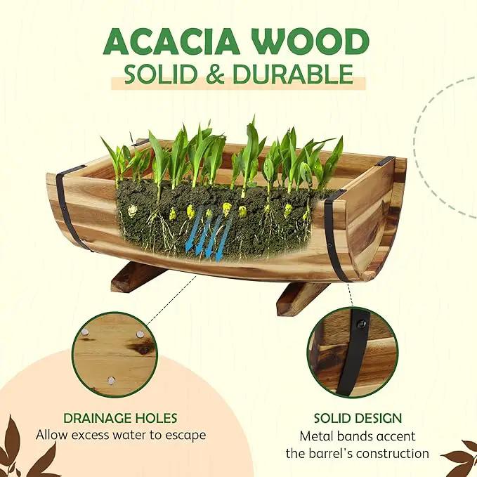 IDZO Solid Acacia Wood Half Barrel Planters Outdoor Set of 2 Different Sizes, Wooden Planters for Outdoor Plants with Metal Bands & Drainage Holes, Legs Included, Natural by GreenHaven Gardens