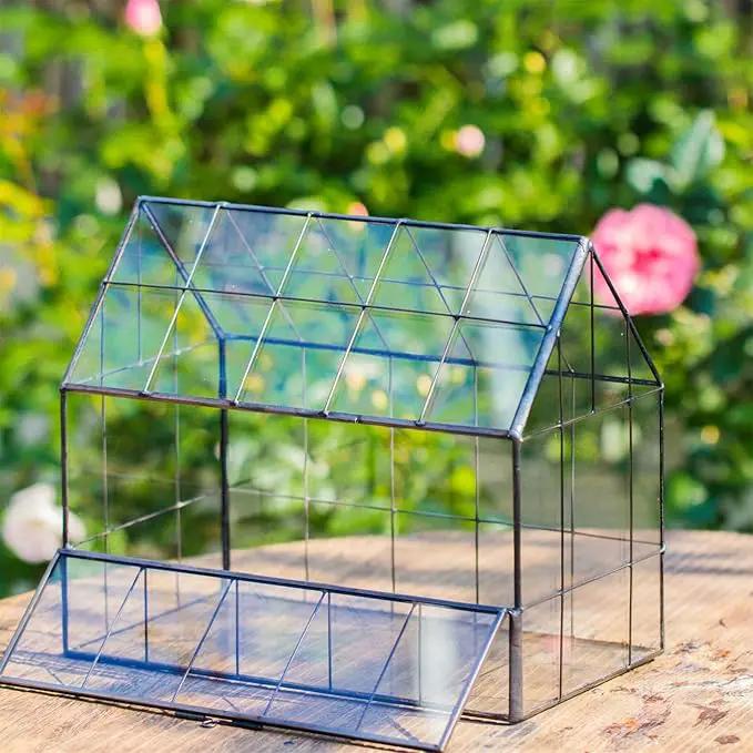 NCYP Geometric Glass Terrarium with Front Opening Door, House Shape Closed Micro Landscape Planter Box for Small Succulent, Cacti - Home Indoor Tabletop Decor, Handmade, Black (No Plants) by GreenHaven Gardens