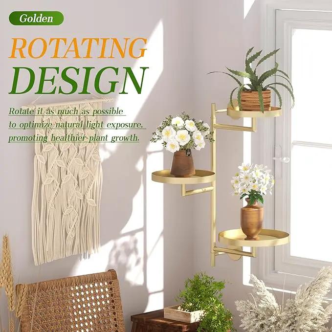3-Tier Rotating Metal Window Plant Shelves Hanger, Wall-Mounted Gold Holder, Floating Shelf for Indoor Pots up to 6", Home Décor Gift for Plant Lovers by GreenHaven Gardens
