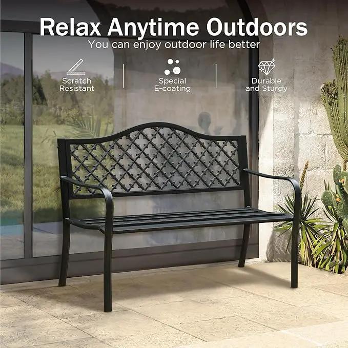 PHI VILLA 50" Outdoor Garden Patio Metal Bench for Outdoors with Plastic Backrest Armrests Sturdy Steel Frame, Black by GreenHaven Gardens
