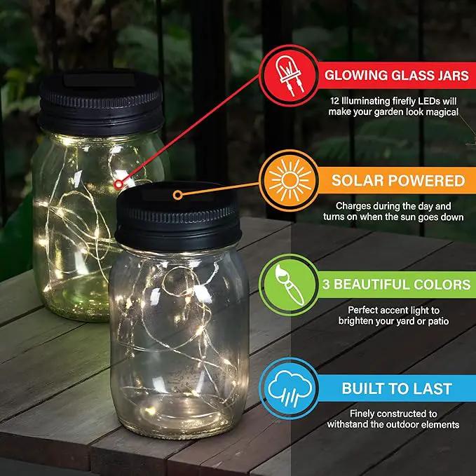Exhart Solar Mason Jars, Set of 3 Glass Outdoor Garden Lanterns with Lids, 12 LED Firefly Lights, Lawn and Yard Decorations, 3.5 x 5.5 Inch by GreenHaven Gardens