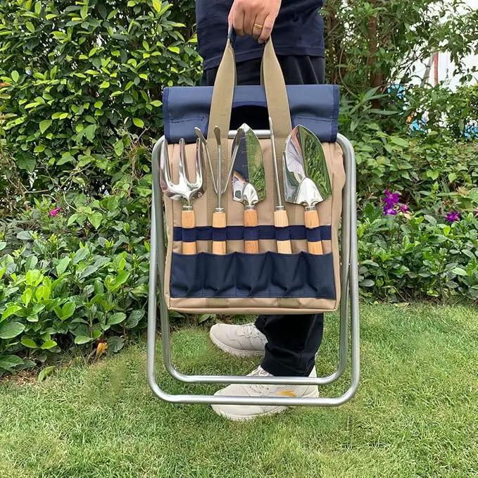 Garden Folding Gardener Stool with Gardening Tools Insulation Garden Bags Plus 5 Garden Tools and Gardening Kneeler Ideal Gift for Mother's Day/Father's Day (Navy Blue) by GreenHaven Gardens
