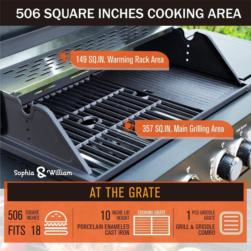 Sophia & William 4-Burner Gas BBQ Grill with Side Burner & Porcelain-Enameled Cast Iron Grates, Outdoor Cooking Propane Grills Cabinet Style Garden Barbecue Grill, 46,700BTU, Black by GreenHaven Gardens