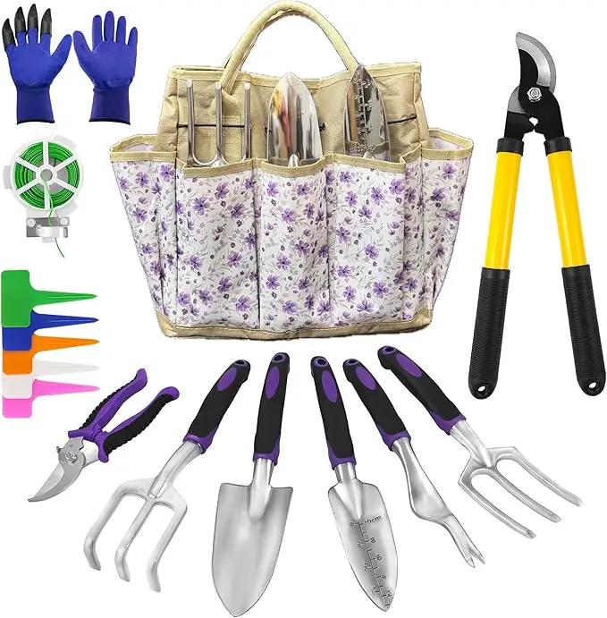 41-Piece Premium Gardening Tool Set, Stainless Steel Heavy Duty Gardening Tool Kit, with Non-Slip Rubber Grip, Storage Tote Bag, Outdoor Hand Tools, Ideal Gardening Gifts for All (Purple Floral) by GreenHaven Gardens