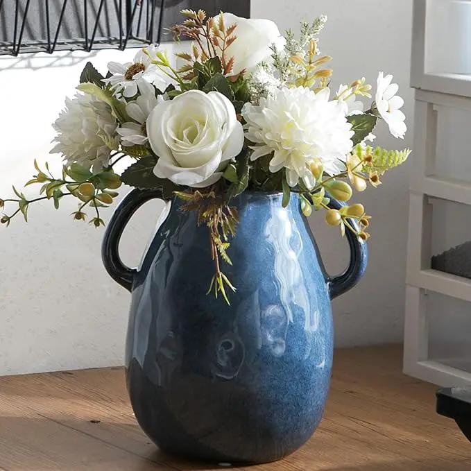 Blue Ceramic Vase with 2 Handles - Modern Farmhouse Rustic Terracotta Decorative Clay Boho Vase for Pampas Grass and Home Decor by GreenHaven Gardens