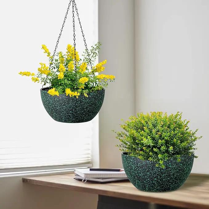 8 inch Small Hanging Planters for Indoor Outdoor Plants, 2 Pack Hanging Flower Pots with Drainage Holes and Chain, Plastic Hanging Baskets for House Plants, Black with Green Speckles by GreenHaven Gardens