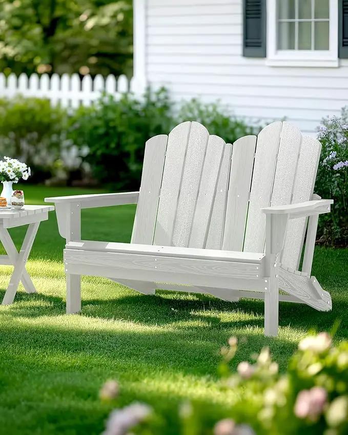 SERWALL 2 Person Adirondack Loveseat, HDPE All-Weather Folding Adirondack Bench Chair, Outdoor Adirondack Chair Set of 4, White by GreenHaven Gardens