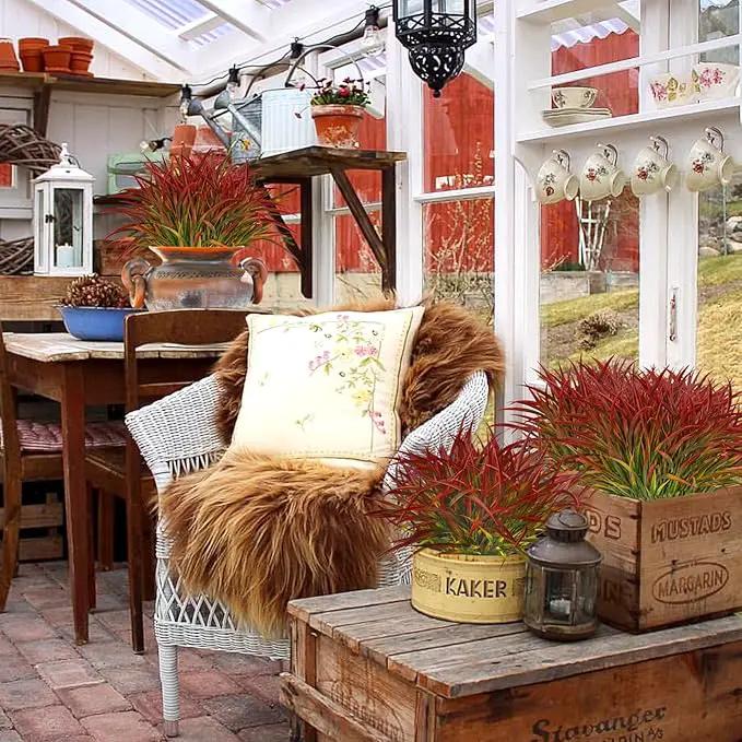 Ouddy Decor 16 Bundles Artificial Plants Outdoor Fake Grass Greenery Stems UV Resistant Faux Plastic Plants Shrubs for Autumn Home Garden Pathway Farmhouse Front Porch Harvest Thanksgiving Decor, Red by GreenHaven Gardens