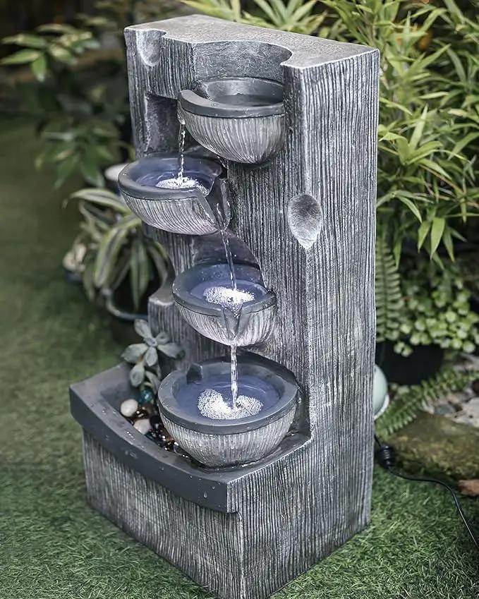 23.43" H Outdoor Water Fountain, 5 Tiers Bowls Garden Water Fountains with LED Light, Modern Natural Waterfall Fountain for Garden, Patio, Yard and Home Art Decor by GreenHaven Gardens