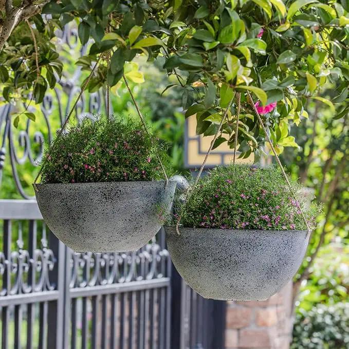 LA JOLIE MUSE Large Hanging Planters for Outdoor Plants - 13 Inch Hanging Flower Pots with Drainage Holes, Set of 2, Rock Grey by GreenHaven Gardens