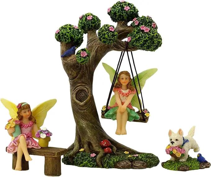 Fairy Garden Accessories Outdoor - Fairy Garden Kit with Fairies for Fairy Garden - Miniatures for an Outdoor Garden, a Fairy Tree Swing, Figurines & Puppy by GreenHaven Gardens