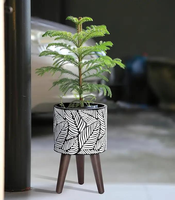 D'vine Dev 8 Inch Planter Pot with Stand, Mid-Century Tall Plant Pot with Legs for Indoor Plants, Small, White/Grey, 88-L-A-7 by GreenHaven Gardens