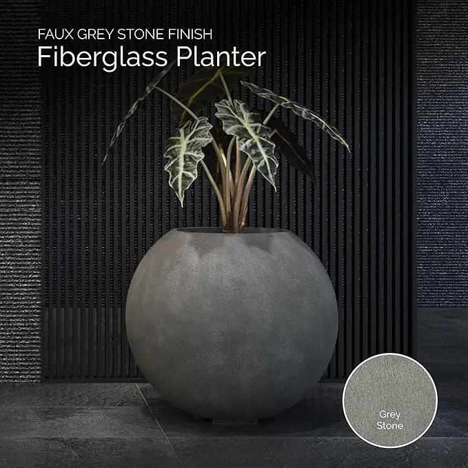Orbo Globe Sphere Planter - 29.5 in x 29.5 in x 26.2 in - Grey Stone by GreenHaven Gardens