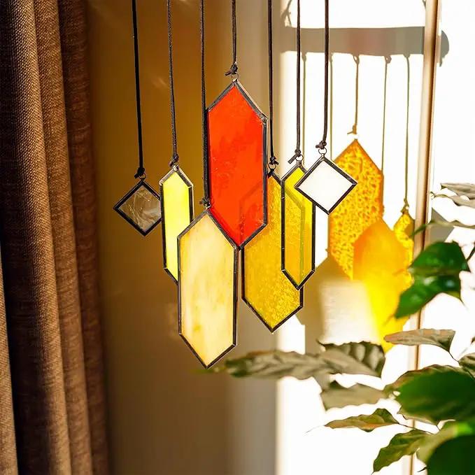 HDCRYSTALGIFTS 7pieces Stained Glass Window Hanging Suncatchers Handcrafted Modern Sunset Glow Design Stained Glass Wall Art Sun Catcher for Home Garden Decoration Reconfigurable by GreenHaven Gardens