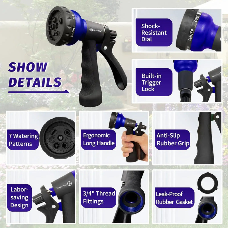AUTOMAN Garden Hose Nozzle, Water Sprayer Nozzle with 7 Adjustable Watering Patterns,Slip Resistant Nozzle for Plants,Lawn,Washing Cars,Window Cleaning,Showering Pets & Outdoor Fun. by GreenHaven Gardens