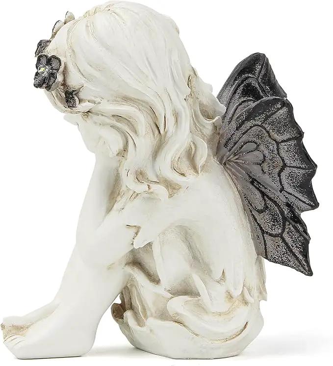 Leekung Ivory White Resin Sculpture, Angel Figurine with Solar Powered Lights for Outdoor Decor, Garden Decorations & Memorial Gifts by GreenHaven Gardens