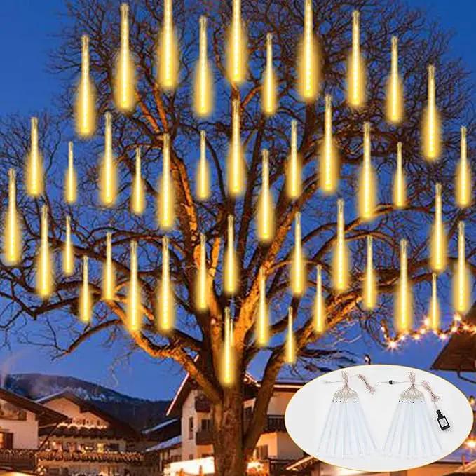 YIQU 2-Pack Extendable Meteor Shower Christmas Lights - 16 Tubes, 384 Led Icicle Lights Perfect for Outdoor, Patio Decorations (Warm White) by GreenHaven Gardens