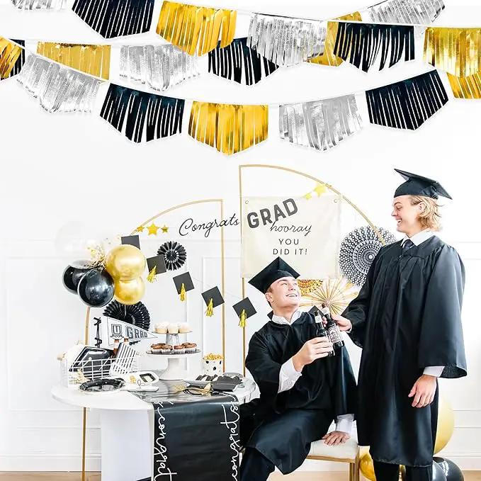 Black Silver Gold Tassel Banner Double Sided Metallic Fabric Pennant Bunting Flag Garland for Graduation Birthday Anniversary Bachelorette Engagement Wedding Bridal Shower Party Decorations Supplies by GreenHaven Gardens