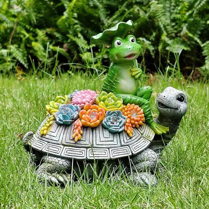 ILLUMINEW Solar Garden Outdoor Statues Turtle& Frog with Succulent and 8 LED Lights, Turtle Carrying Lotus Leaf Frog Figurines, Lawn Decorations for Patio Yard Gifts for Mom Grandma Housewarming by GreenHaven Gardens