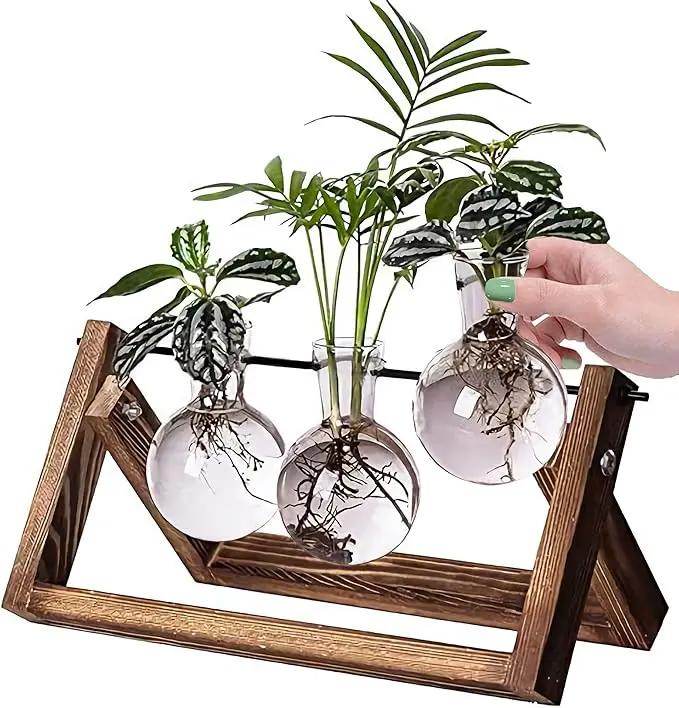Kingbuy Desktop Glass Planter Iron and Wooden Stand Plant Terrariums for Indoor Office Desk Decor Accessories, 3 Bulb Vases, Brown by GreenHaven Gardens