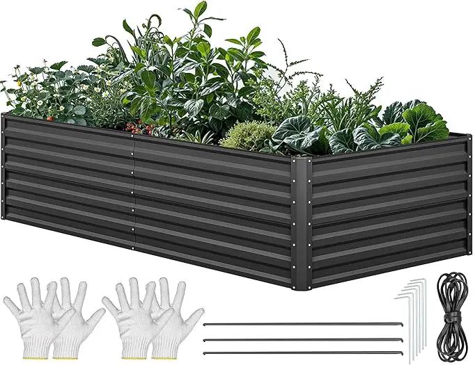 YITAHOME 96x48x24 in Galvanized Raised Garden Bed Kit, Large Metal Planter Box with Gloves, Safety Rubber & Support Rod, Outdoor Flower Bed for Plants Vegetables, Black by GreenHaven Gardens