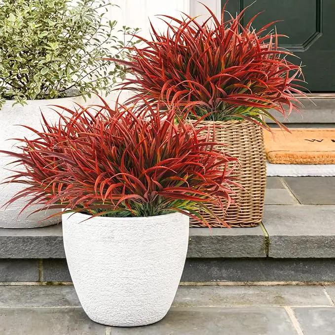 Uieke 12 Bundles Artificial Outdoor Plants UV Resistant Fake Grass Plants Faux Plastic Plants Greenery Shrubs for Home Garden Pathway Window Box Front Porch Cemetery Fall Decor, Autumn Red by GreenHaven Gardens