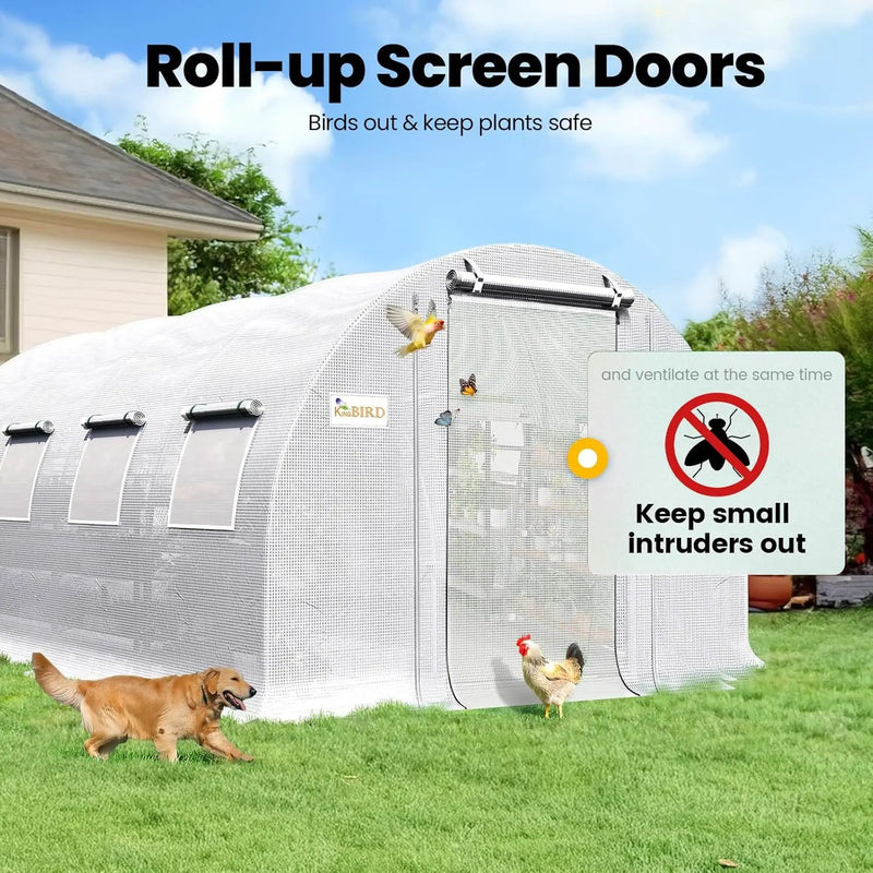 KING BIRD Premium 20x10x6.6FT Greenhouse for Outdoors, Large Walk-in Heavy Duty Galvanized Steel Frame, Mesh Door Screen Window Upgraded Zipper Tunnel Hoop for Garden Plant Winter, White by GreenHaven Gardens