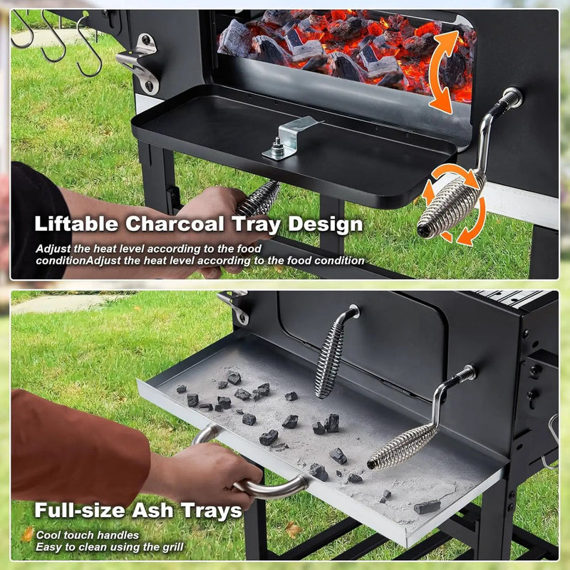 MELLCOM Charcoal Grill with Wood Foldable Side Table - 338 Sq.In BBQ Area with Individual Lifting Charcoal Trays & Thermometer, Movable Charcoal Grill for Outdoor Patio, Garden and Backyard by GreenHaven Gardens