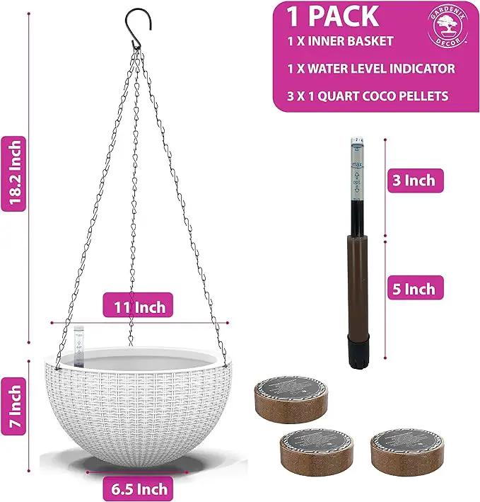 GARDENIX DECOR 11'' Self Watering Hanging planters for Indoor Plants - Flower Pot with Water Level Indicator for Plants, Hanging pots - Self Watering Planter Plant Pot-Coco Coir- Round 1 Pack - White by GreenHaven Gardens