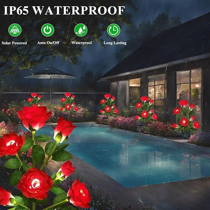 2 Pack Solar Garden Lights Outdoor, 7-Flower Rose LED Stake Light for Yard Patio Pathway Lawn Fence Cemetery, Red by GreenHaven Gardens