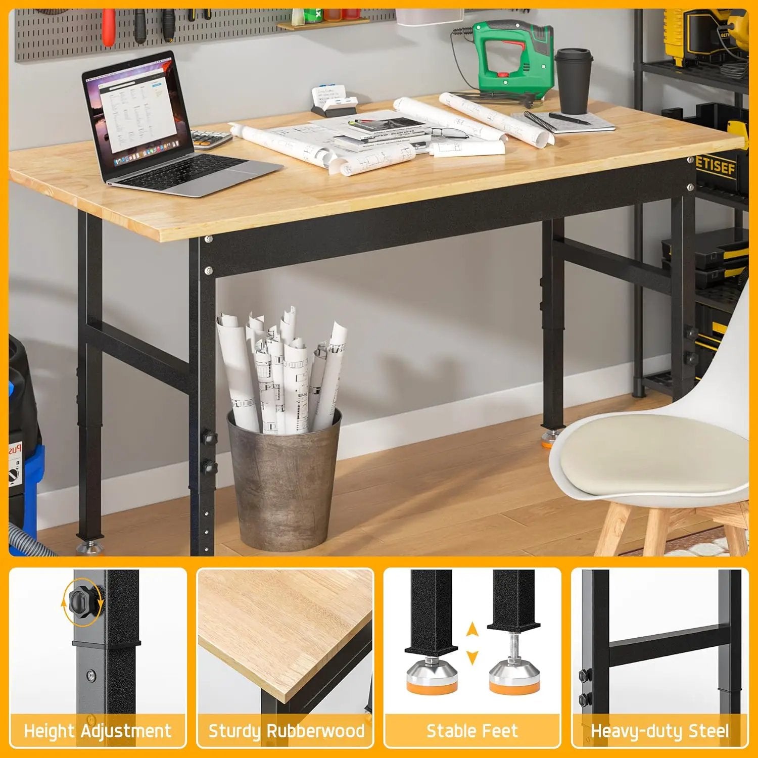 48’’ Work Bench Adjustable Workbench Heavy Duty Work Table with Rubber Pads, 2000 Lbs Capacity Hardwood Work Benches for Garage, Workshop, Office, Home by GreenHaven Gardens