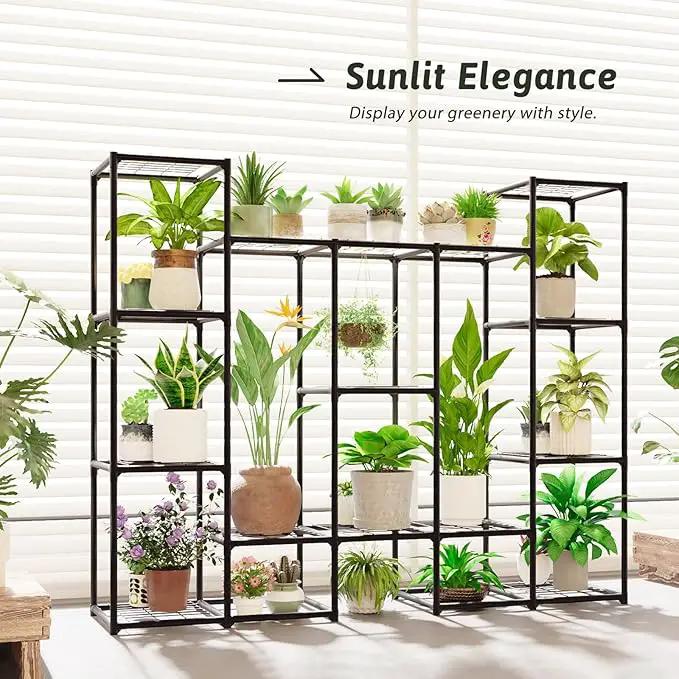 Large Plant Stand Indoor Outdoor Metal Plant Shelf Waterproof Plant Rack for Multiple Plants Wide Flower Stand for Patio Balcony Garden Black by GreenHaven Gardens