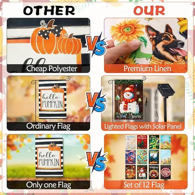 12 Pcs Solar Seasonal LED Garden Flags 12 x 18 Inch Double Sided Yard Flags Halloween Christmas Fall Thanksgiving Day Decorations Welcome Garden Holiday Yard Outside Lawn Decoration by GreenHaven Gardens