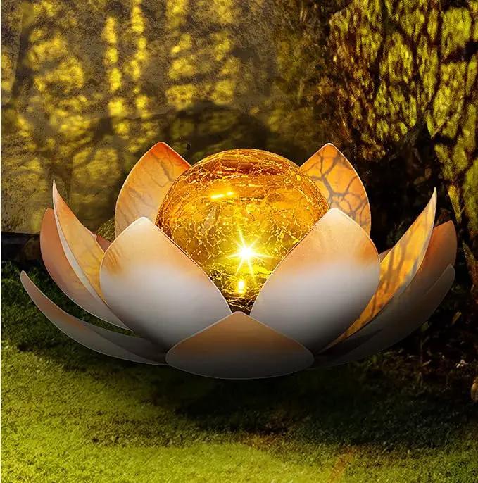 Huaxu Solar Lights Outdoor Garden Decorative Art Metal Lotus Cracked Glass Ball Waterproof Decorations for Pathway Lawn Patio Yard Ground Tabletop Gifts by GreenHaven Gardens