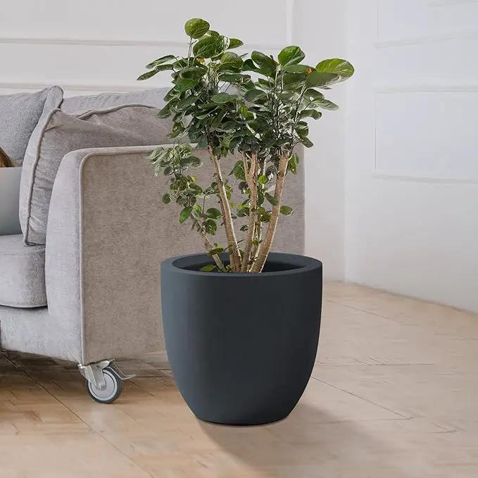 Kante 10 Inch Dia Round Concrete Planter, Indoor Outdoor Large Plant Pot with Drainage Hole and Rubber Plug for Home Patio Garden, Charcoal by GreenHaven Gardens