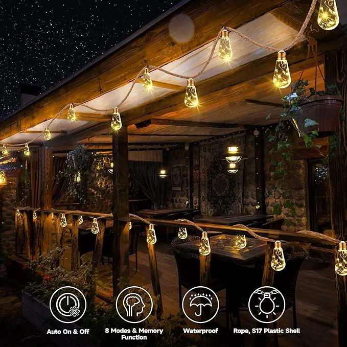 Solar Outdoor String Lights, 20Ft Vintage Rope Hemp Solar Patio Lights, Waterproof Warm White Solar Powered String Lights With 8 Modes 16 Shatterproof Bulbs for Garden Fence Stairs Balcony Café Bistro by GreenHaven Gardens