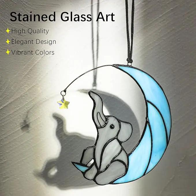 HDCRYSTALGIFTS Glass Elephant Ornament Stained Glass Window Hanging Decor, Modern Design Elephant on Moon with Star Collectibles Handcrafted Sun Catcher Gifts for Birthday Women by GreenHaven Gardens