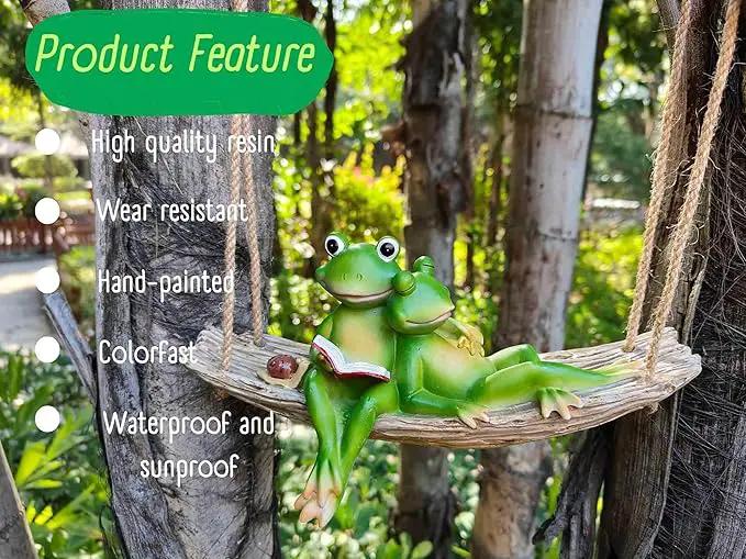 Artisan Flair Hanging Swing Frog Statues - Frog Statues for Garden Outdoors, Reading Book Frog Statue Figurine, Resin Couple Frog Statue for Garden, Balcony, Tree Decoration by GreenHaven Gardens