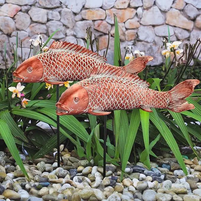 Koi Fish Decor Garden Sculptures & Statues, Outdoor Antique Copper Fish Statues Pond Zen Garden Decor Patio Backyard Lawn Porch Yard Art Decoration, Best Gift for Mother's Day, Set of 2, Large by GreenHaven Gardens