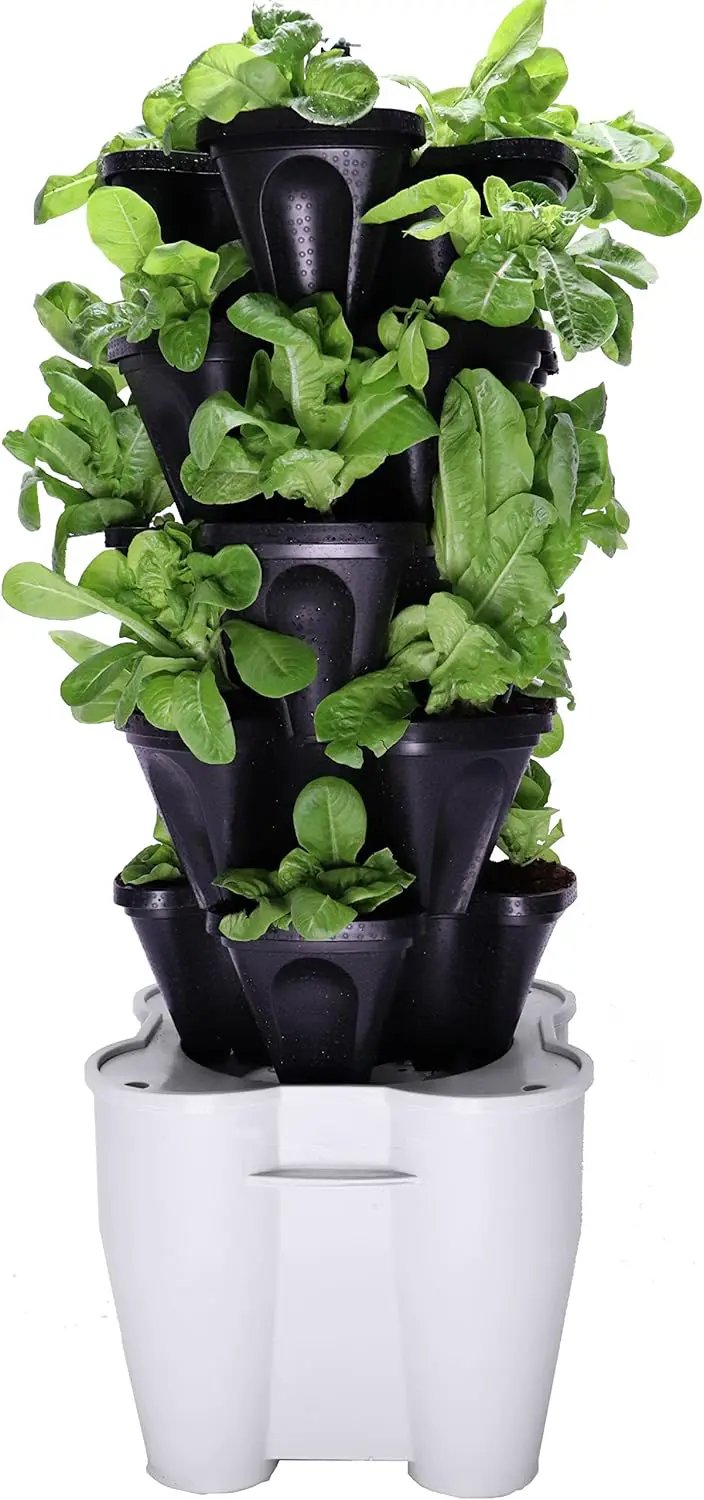 Mr. Stacky Smart Farm - Automatic Self Watering Garden - Grow Fresh Healthy Food Virtually Anywhere Year Round - Soil or Hydroponic Vertical Tower Gardening System (Standard Kit, Black) by GreenHaven Gardens