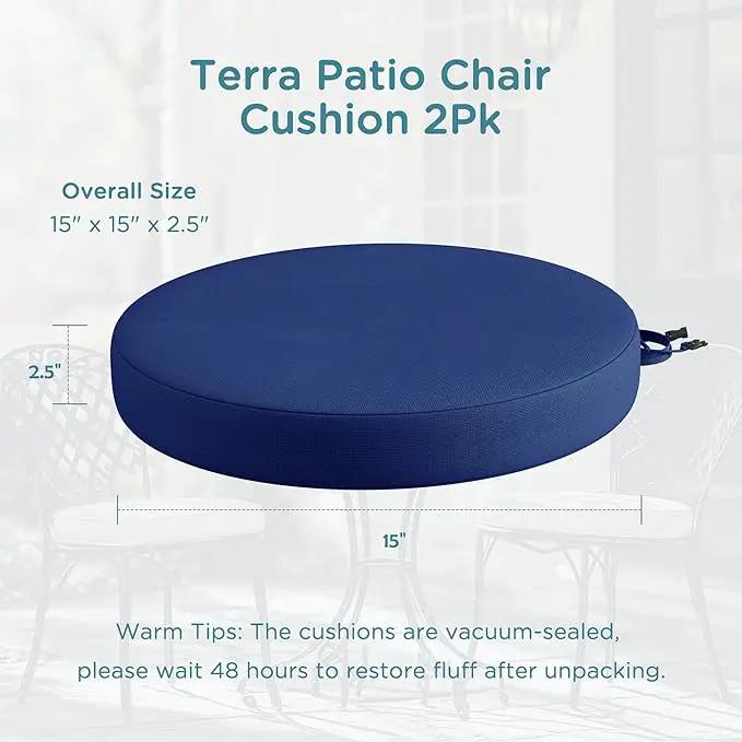 Codi Round Outdoor Chair Cushions 15 Inch, Patio Bistro Cushion Set of 2, Waterproof with Adjustable Straps, Navy 15x15'' by GreenHaven Gardens