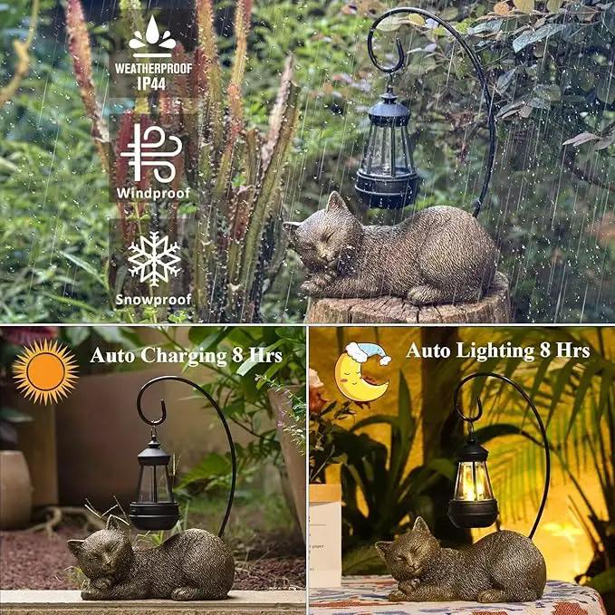 Resin Cat Statue with Solar Lantern, Eye-catching Garden Sculpture & Lawn Decor, 13" Height Outdoor Cat Figurine for Garden Yard Patio Porch Decorations, Cat Statues Outside Ornament by GreenHaven Gardens