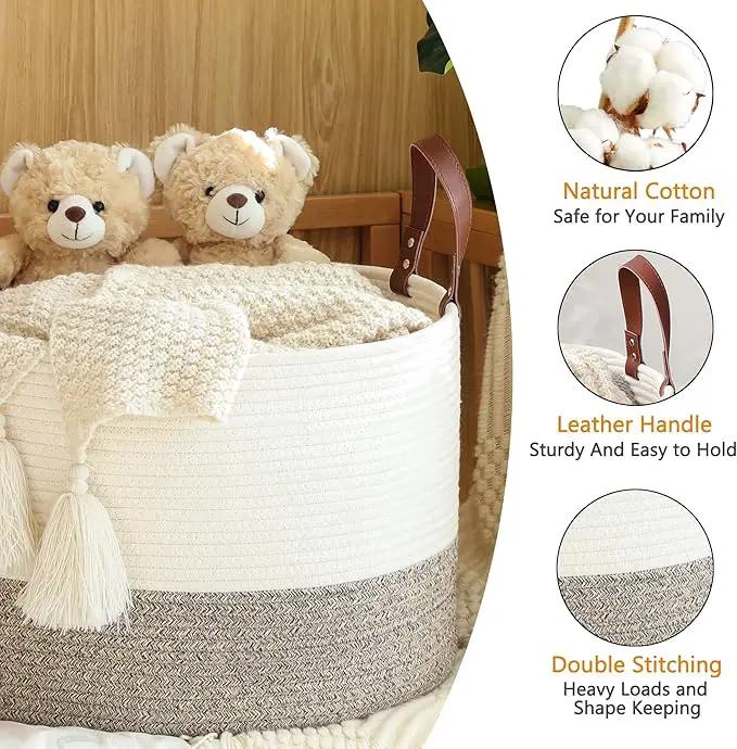 KAKAMAY Large Blanket Basket (20"x13"),Woven Baskets for storage Baby Laundry Hamper,Cotton Rope Blanket Basket for Living Room, Laundry, Nursery, Pillows, Baby Toy chest (White/Beige) by GreenHaven Gardens