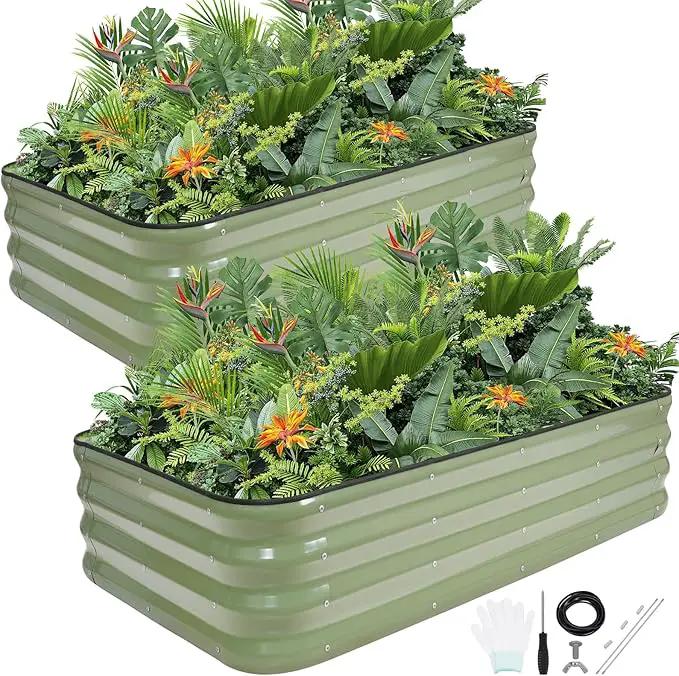 G GOOD GAIN Raised Garden Bed Kit | 2Pcs 4-in-1 Adjustable Galvanized Metal Planter Boxes for Outdoor Vegetables, Flowers Herb | Multiple Sizes (5x3x1ft, 4x4x1ft, 6x2x1ft, 7x1x1ft), Green by GreenHaven Gardens