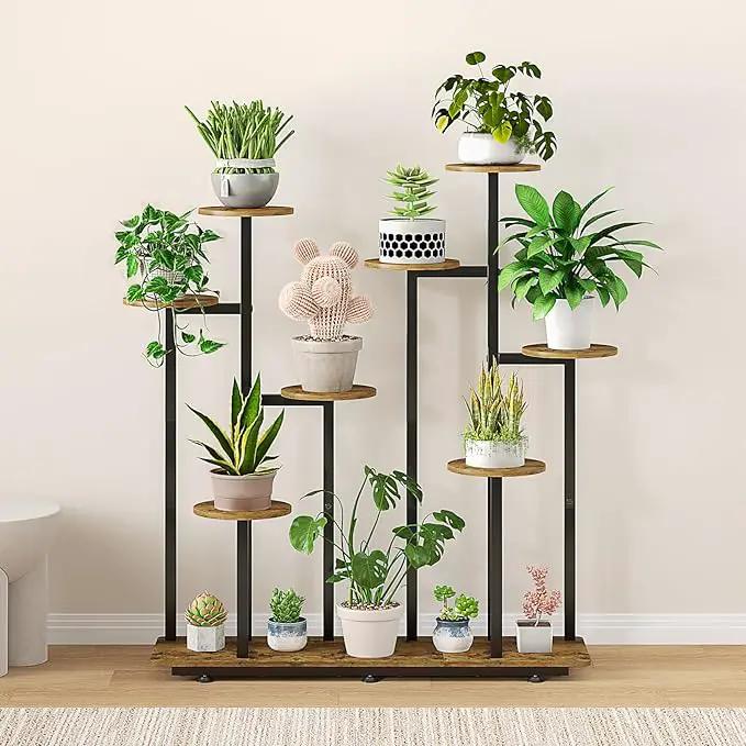 Plant Stand Indoor 9 Tier 11 Potted Multiple Flower Pot Holder for Patio Garden Balcony Living Room Corner (9 Tier Black+Rustic Brown) by GreenHaven Gardens