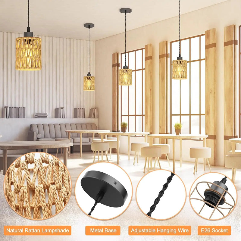 Farmhouse Hemp Rope Pendant Light - Rustic Hand-Woven Rattan Boho Hanging Light for Kitchen Island,Dining Room,Bedroom -Wicker Cage Chandelier-Coastal/Nautical Lighting Fixture Fixture(1Pack) by GreenHaven Gardens