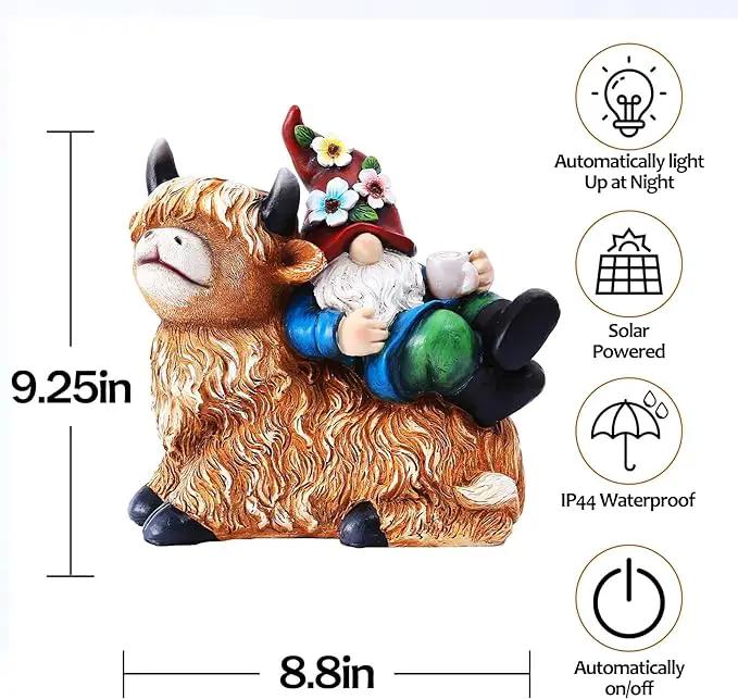 Garden Gnomes Decor Outdoor Statues Gnome on Highland Cow Hold Solar Cup Light Outdoor Decorations for Patio,Yard and Gift for Mom by GreenHaven Gardens
