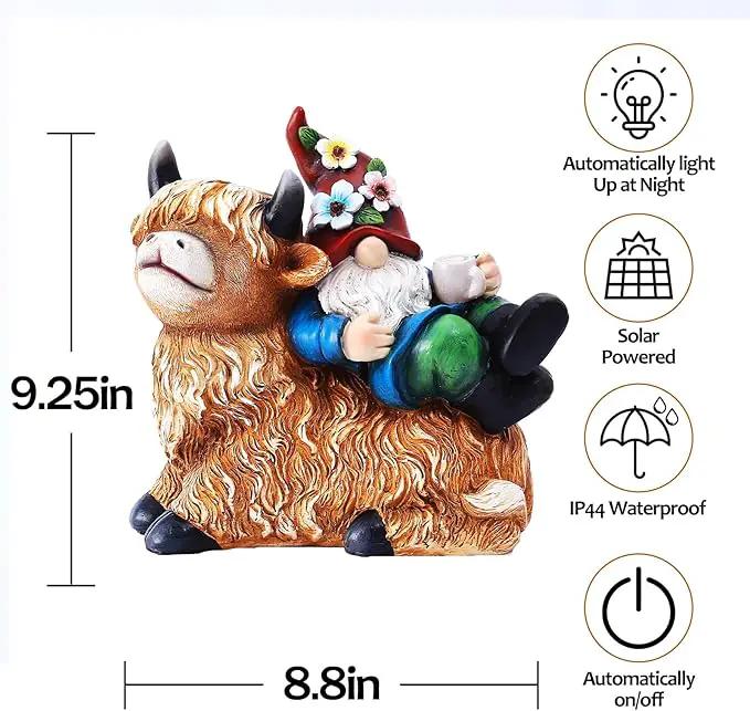 Garden Gnomes Decor Outdoor Statues Gnome on Highland Cow Hold Solar Cup Light Outdoor Decorations for Patio,Yard and Gift for Mom by GreenHaven Gardens